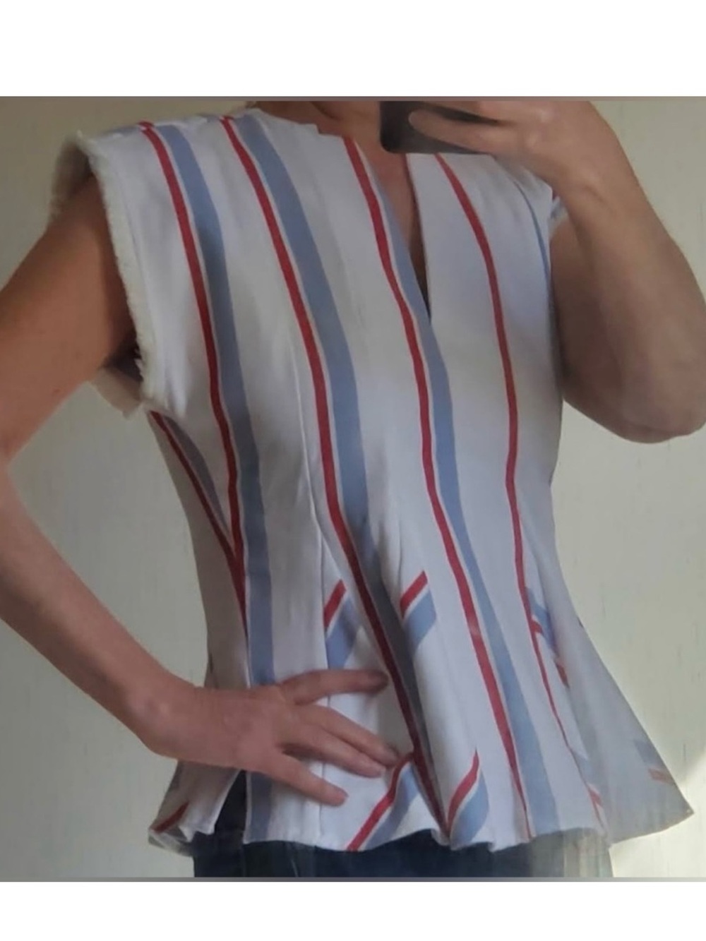Marie Oliver size L peplum striped top blouse blue white red